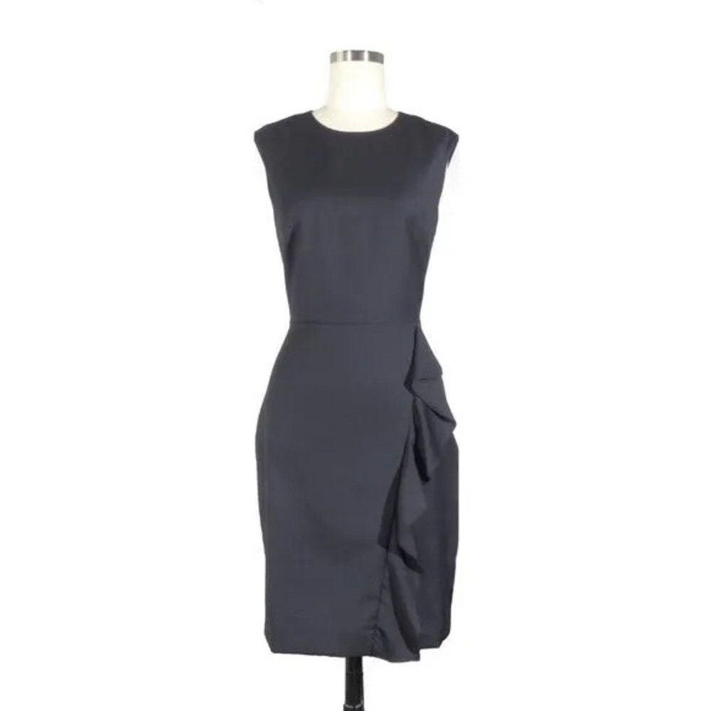 J CREW Wool Sheath Ruffle Dress Black Round Neckline Back Zip Lined SZ/0